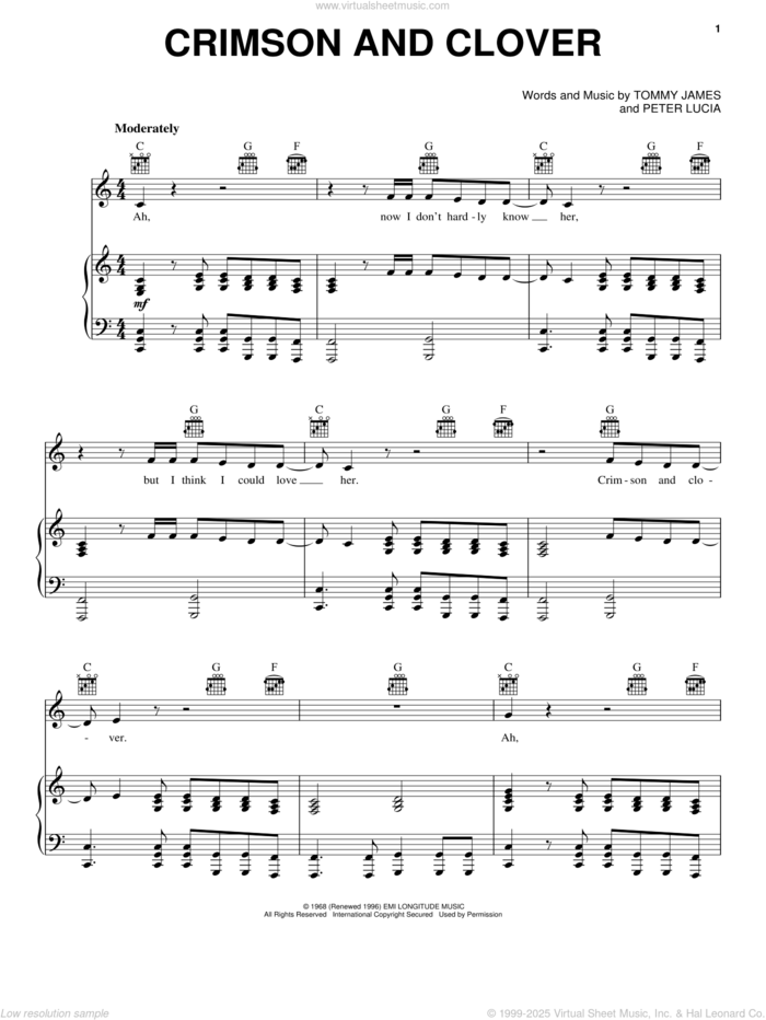 Crimson And Clover sheet music for voice, piano or guitar by Tommy James And The Shondells, Joan Jett, Peter Lucia and Tommy James, intermediate skill level