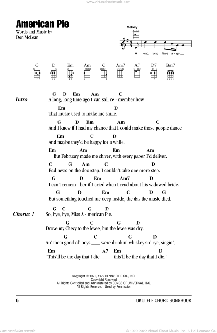 American Pie sheet music for ukulele (chords) by Don McLean, intermediate skill level