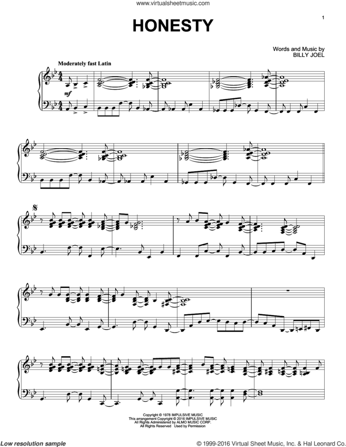 Honesty [Jazz version] sheet music for piano solo by Billy Joel, intermediate skill level
