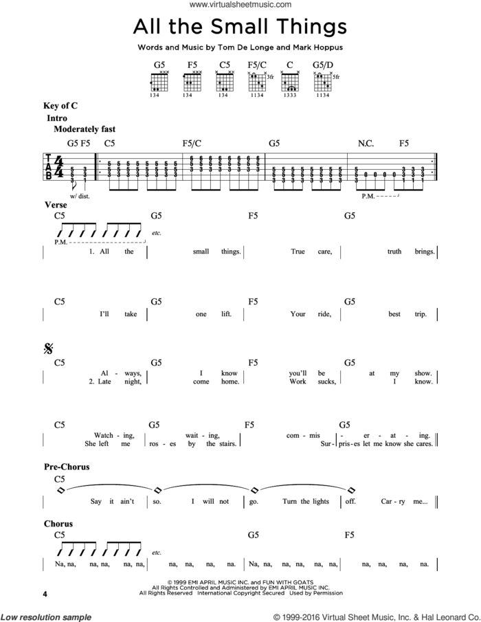 All The Small Things sheet music for guitar solo (lead sheet) by Blink 182, Mark Hoppus, Tom DeLonge and Travis Barker, intermediate guitar (lead sheet)
