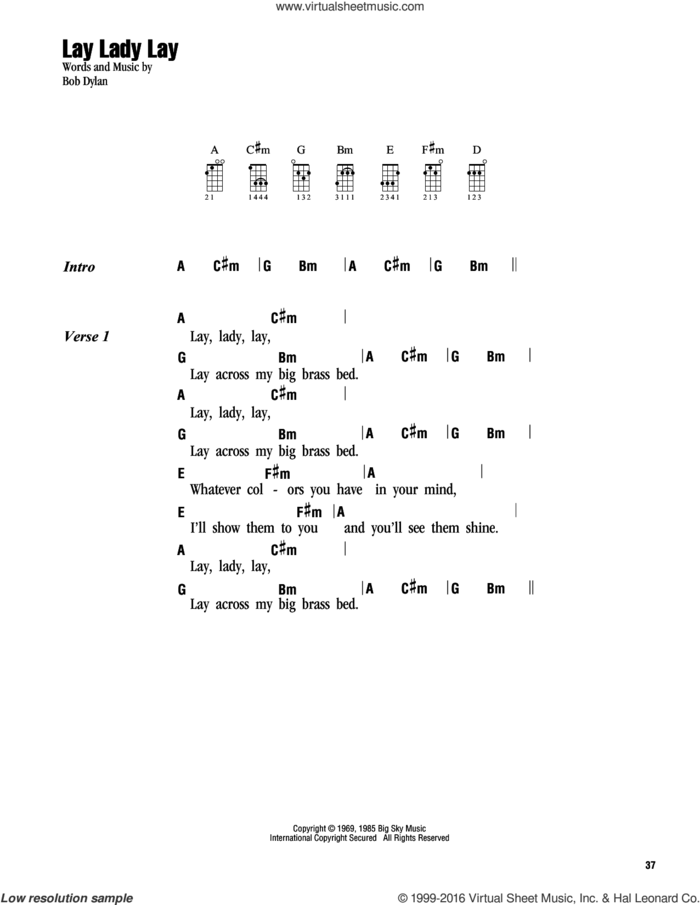 Lay, Lady, Lay sheet music for ukulele (chords) by Bob Dylan, intermediate skill level
