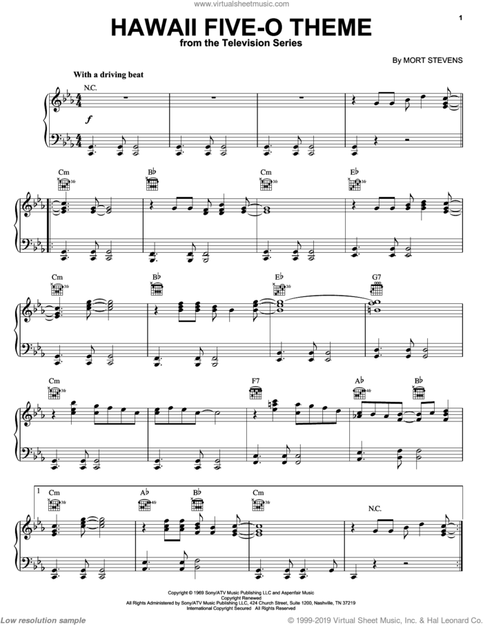 Hawaii Five-O Theme sheet music for voice, piano or guitar by The Ventures and Mort Stevens, intermediate skill level
