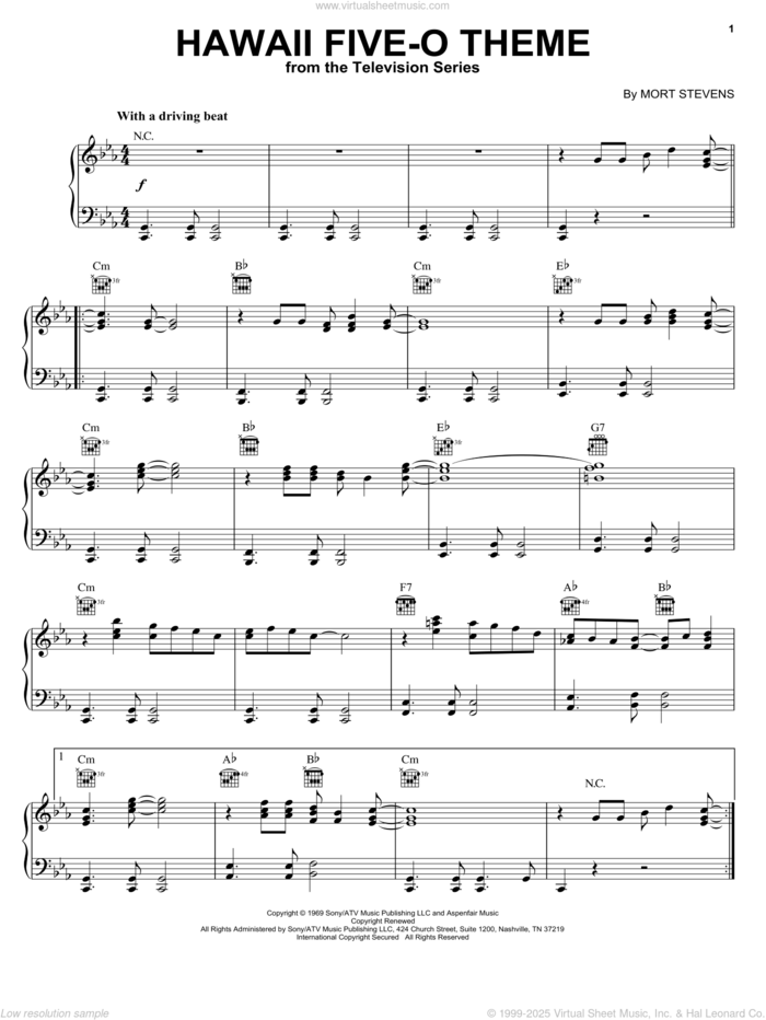 Hawaii Five-O Theme sheet music for voice, piano or guitar by The Ventures and Mort Stevens, intermediate skill level