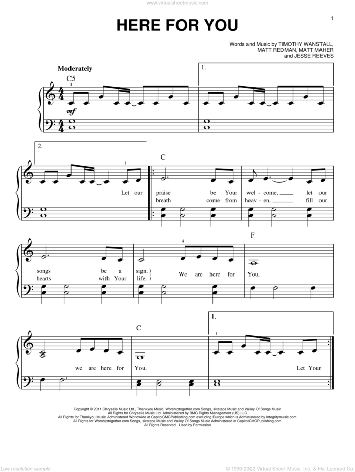 Here For You sheet music for piano solo by Passion, Jesse Reeves, Matt Maher, Matt Redman and Tim Wanstall, easy skill level