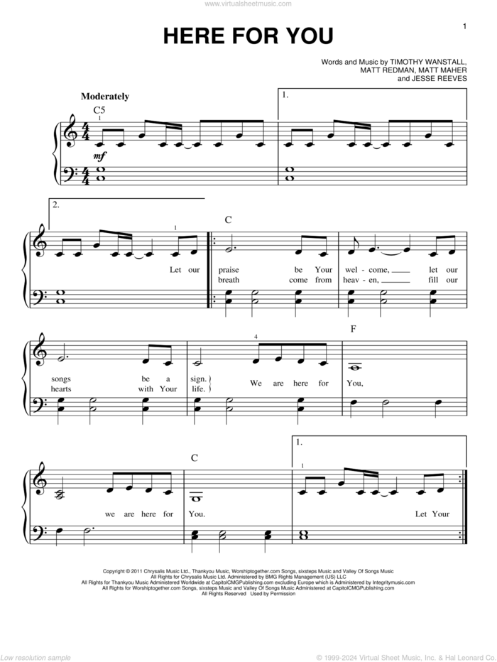 Here For You sheet music for piano solo by Passion, Jesse Reeves, Matt Maher, Matt Redman and Tim Wanstall, easy skill level