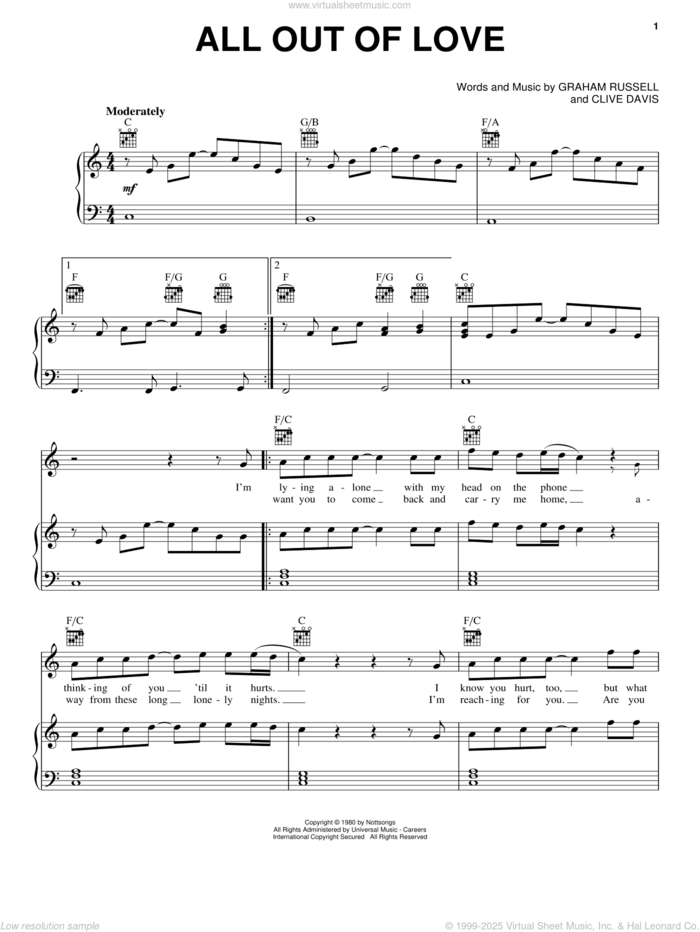 All Out Of Love sheet music for voice, piano or guitar by Air Supply, Clive Davis and Graham Russell, intermediate skill level