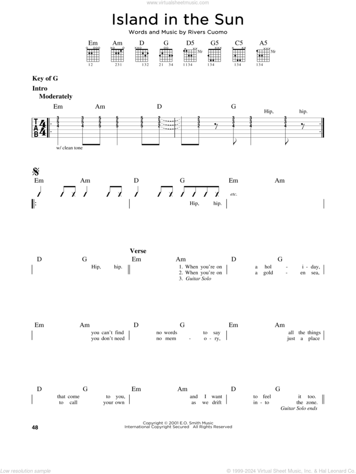 Island In The Sun sheet music for guitar solo (lead sheet) by Weezer and Rivers Cuomo, intermediate guitar (lead sheet)