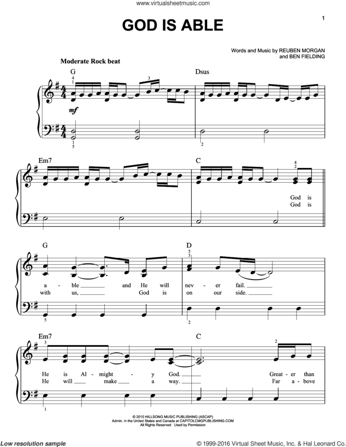 God Is Able sheet music for piano solo by Hillsong United, Ben Fielding and Reuben Morgan, easy skill level