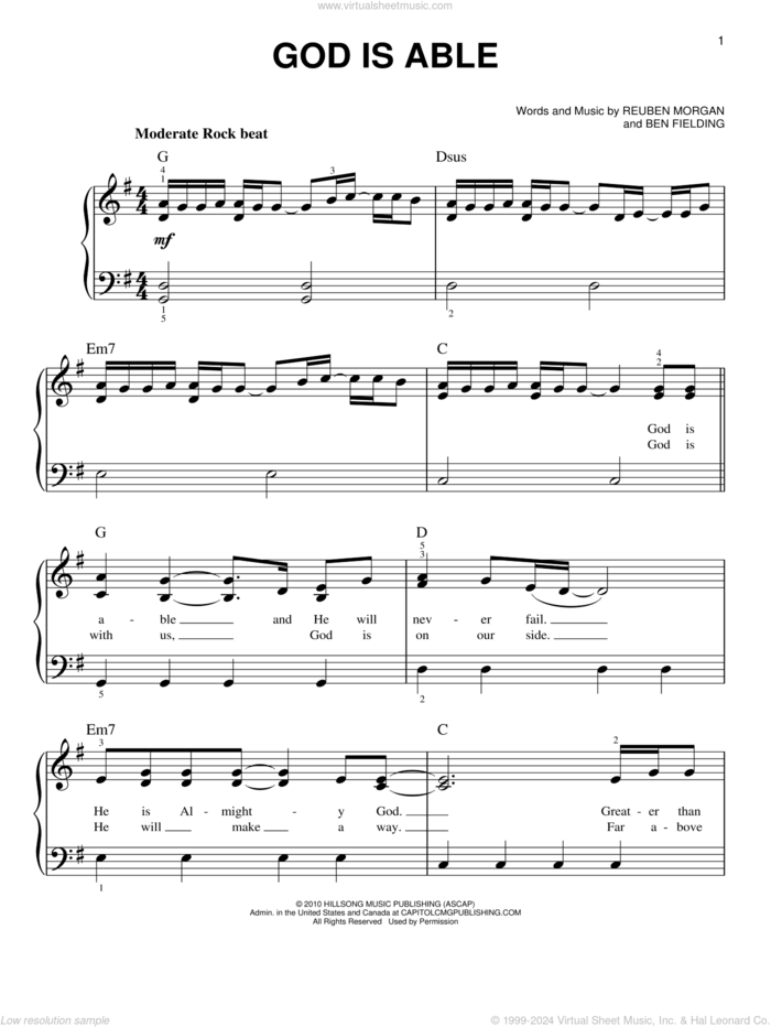 God Is Able sheet music for piano solo by Hillsong United, Ben Fielding and Reuben Morgan, easy skill level