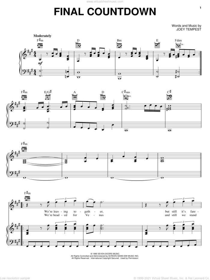 Final Countdown sheet music for voice, piano or guitar by Europe, Rock Of Ages (Musical) and Joey Tempest, intermediate skill level