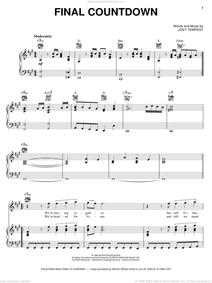 Final Countdown sheet music for voice, piano or guitar by Europe, Rock Of Ages (Musical) and Joey Tempest, intermediate skill level