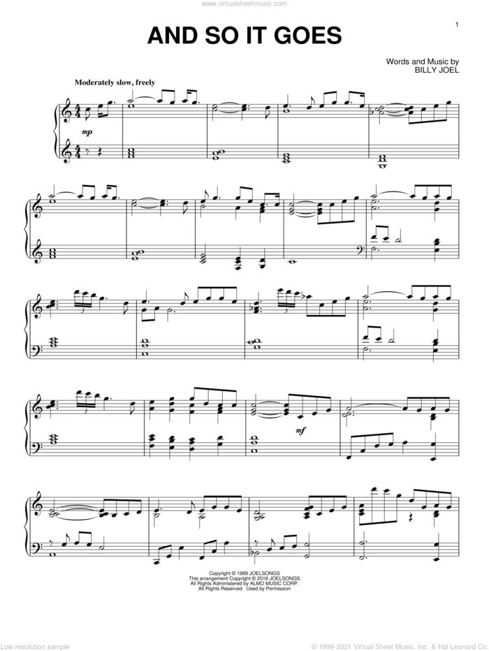 And So It Goes [Jazz version] sheet music for piano solo by Billy Joel, intermediate skill level