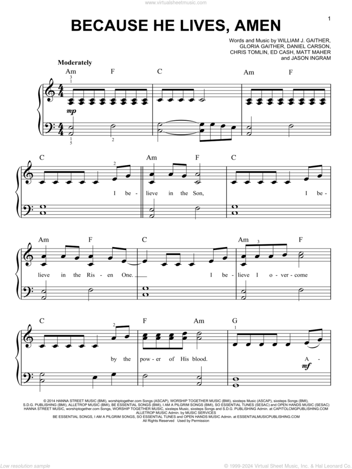 Because He Lives, Amen, (easy) sheet music for piano solo by Matt Maher, Chris Tomlin, Daniel Carson, Ed Cash, Gloria Gaither, Jason Ingram and William J. Gaither, easy skill level