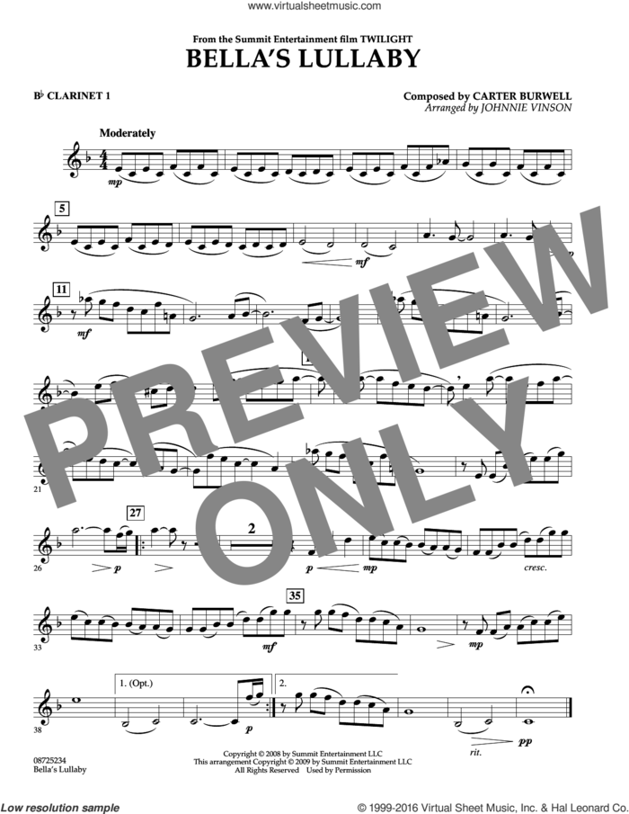 Bella's Lullaby (from Twilight) sheet music for concert band (Bb clarinet 1) by Carter Burwell and Johnnie Vinson, intermediate skill level