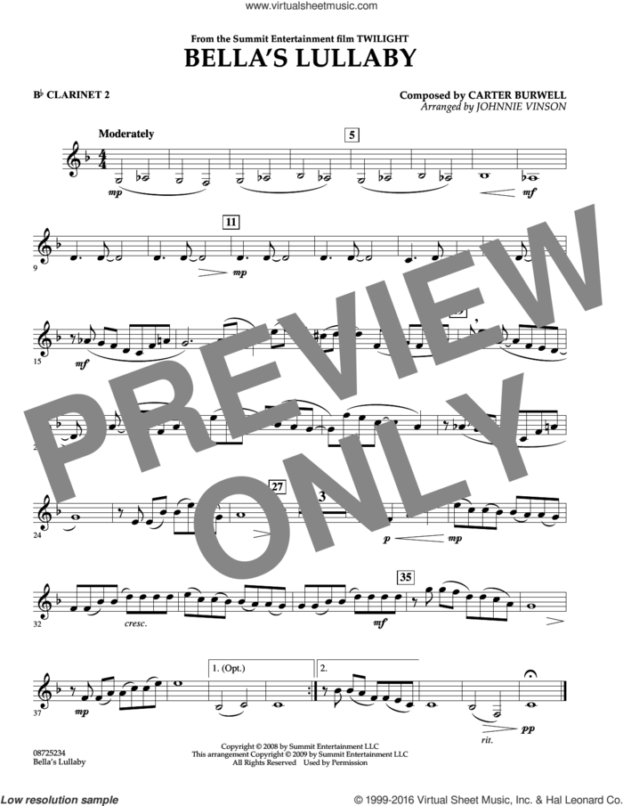 Bella's Lullaby (from Twilight) sheet music for concert band (Bb clarinet 2) by Carter Burwell and Johnnie Vinson, intermediate skill level