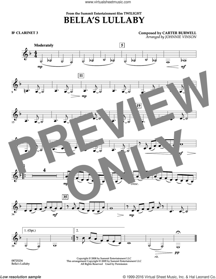Bella's Lullaby (from Twilight) sheet music for concert band (Bb clarinet 3) by Carter Burwell and Johnnie Vinson, intermediate skill level