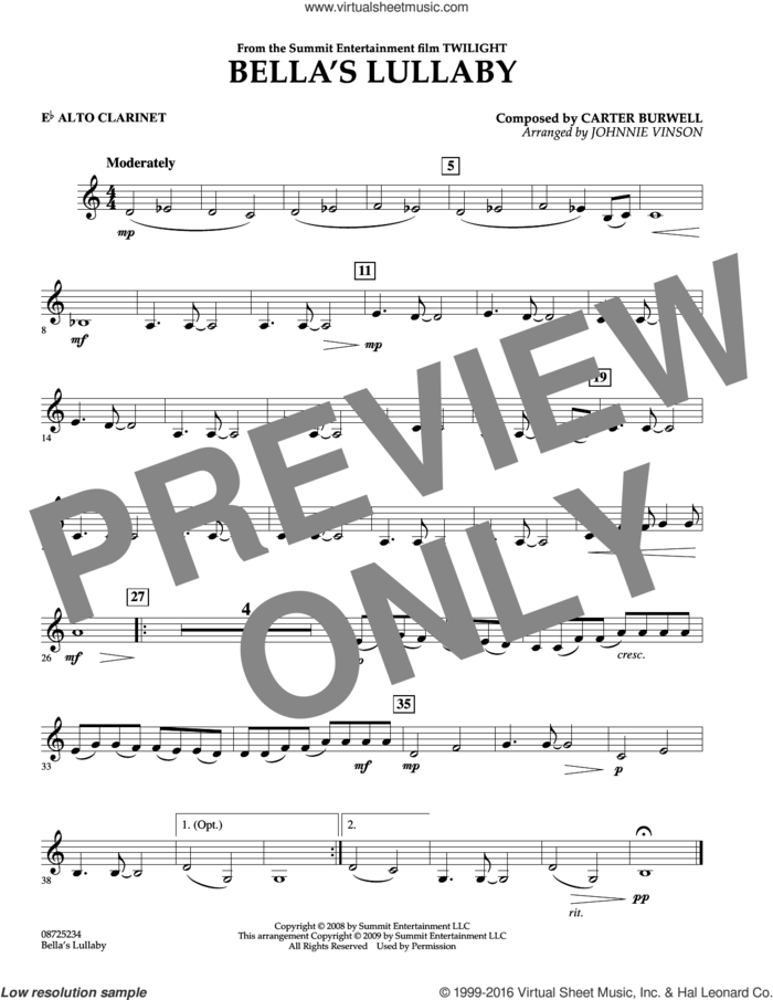 Bella's Lullaby (from Twilight) sheet music for concert band (Eb alto clarinet) by Carter Burwell and Johnnie Vinson, intermediate skill level