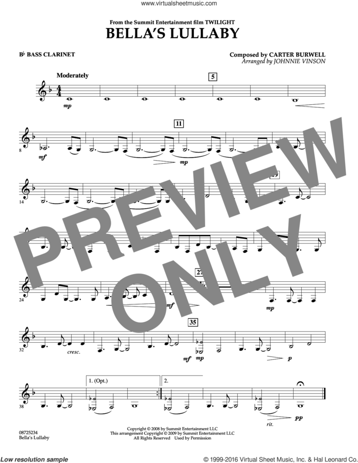 Bella's Lullaby (from Twilight) sheet music for concert band (Bb bass clarinet) by Carter Burwell and Johnnie Vinson, intermediate skill level