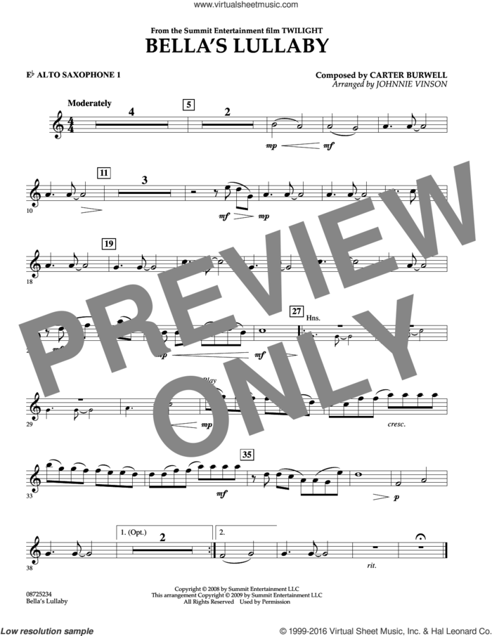 Bella's Lullaby (from Twilight) sheet music for concert band (Eb alto saxophone 1) by Carter Burwell and Johnnie Vinson, intermediate skill level
