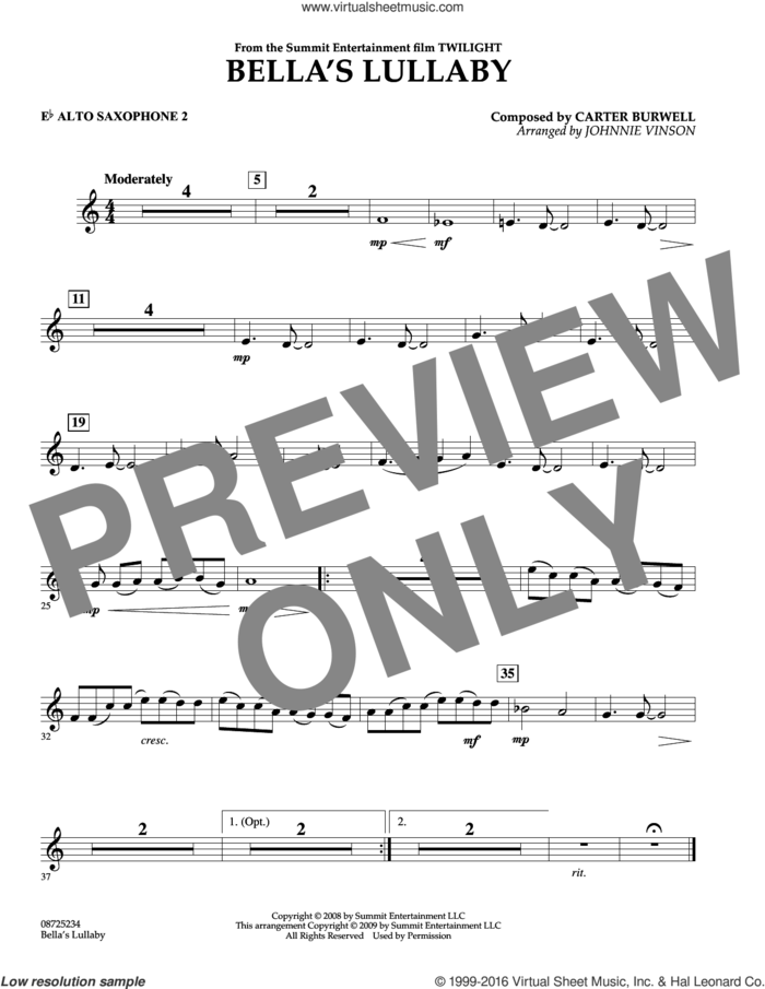 Bella's Lullaby (from Twilight) sheet music for concert band (Eb alto saxophone 2) by Carter Burwell and Johnnie Vinson, intermediate skill level