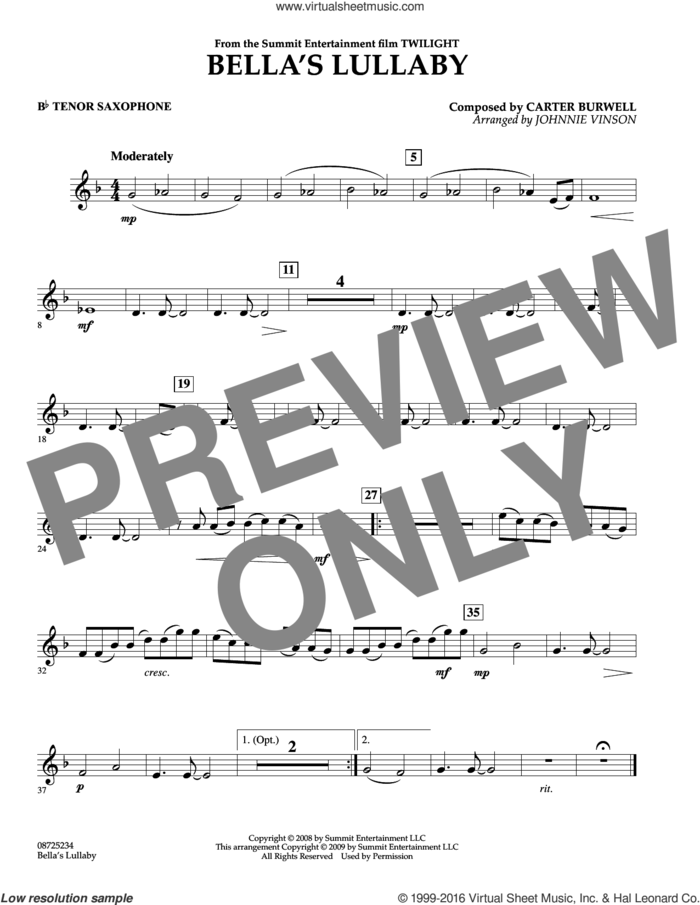 Bella's Lullaby (from Twilight) sheet music for concert band (Bb tenor saxophone) by Carter Burwell and Johnnie Vinson, intermediate skill level