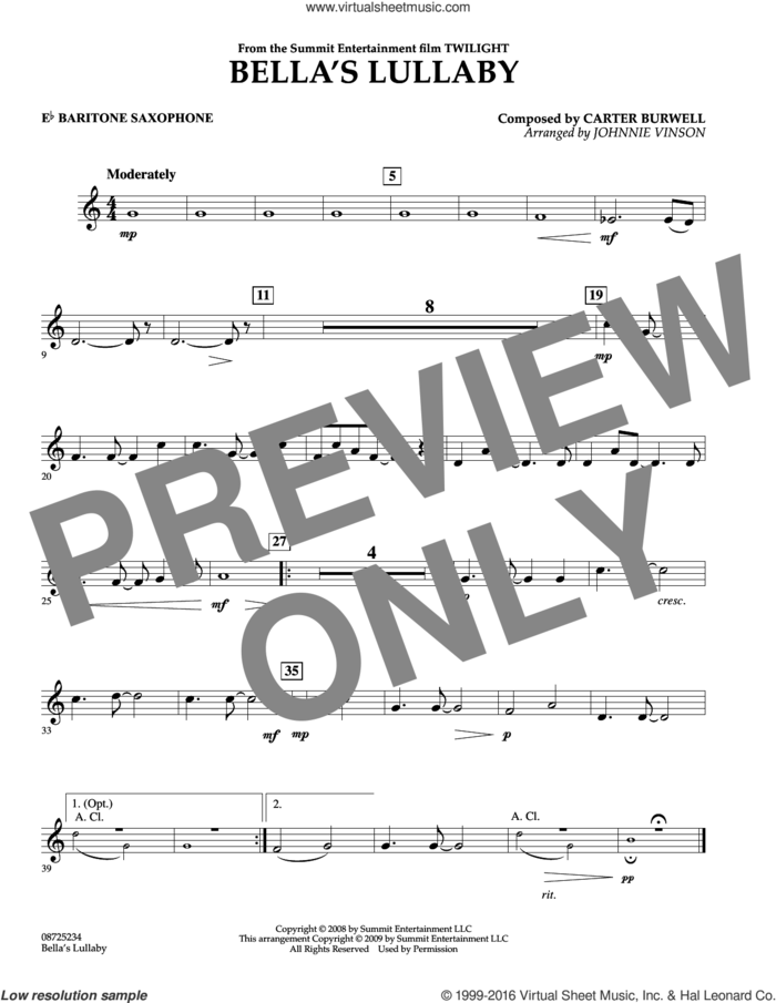 Bella's Lullaby (from Twilight) sheet music for concert band (Eb baritone saxophone) by Carter Burwell and Johnnie Vinson, intermediate skill level