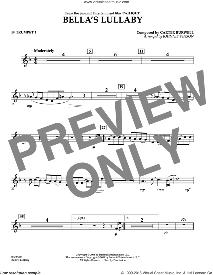Bella's Lullaby (from Twilight) sheet music for concert band (Bb trumpet 1) by Carter Burwell and Johnnie Vinson, intermediate skill level