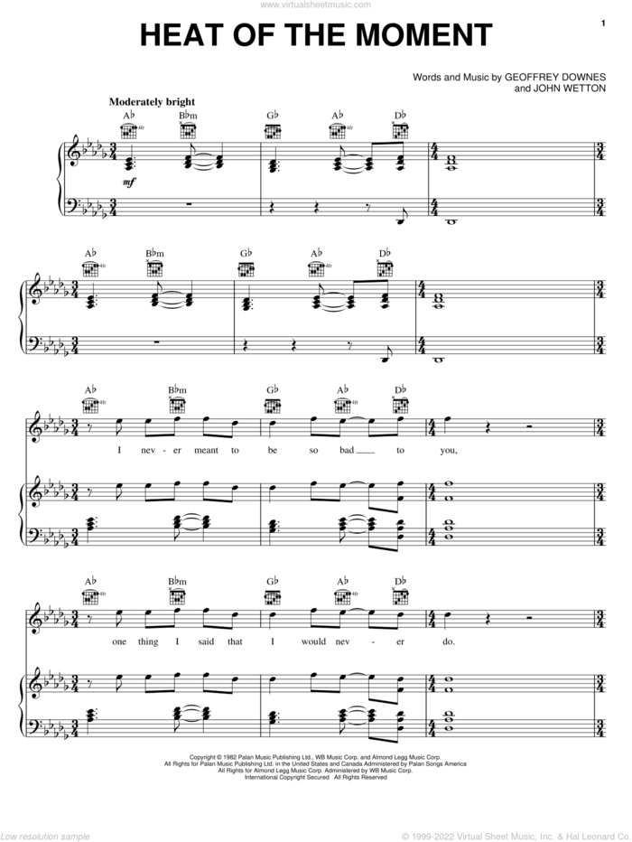 Heat Of The Moment sheet music for voice, piano or guitar by Asia, Geoff Downes and John Wetton, intermediate skill level