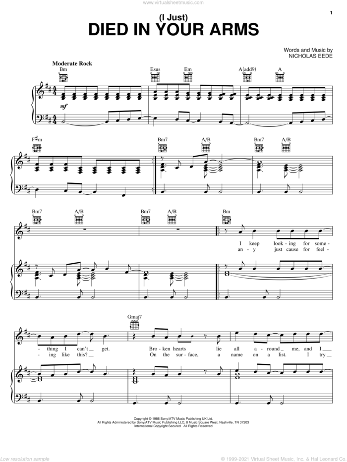 (I Just) Died In Your Arms sheet music for voice, piano or guitar by Cutting Crew and Nick van Eede, intermediate skill level