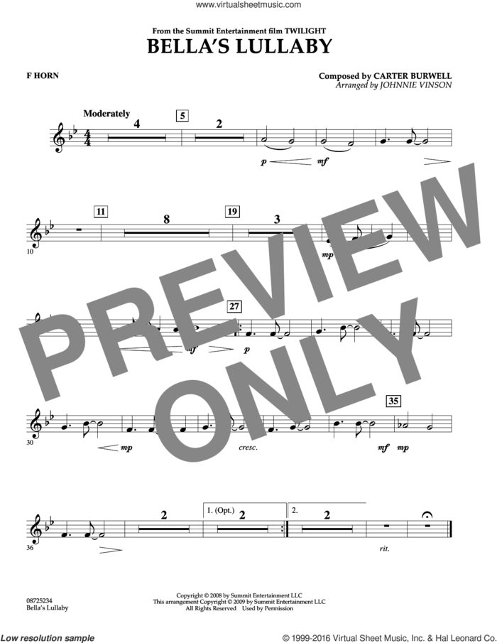 Bella's Lullaby (from Twilight) sheet music for concert band (f horn) by Carter Burwell and Johnnie Vinson, intermediate skill level
