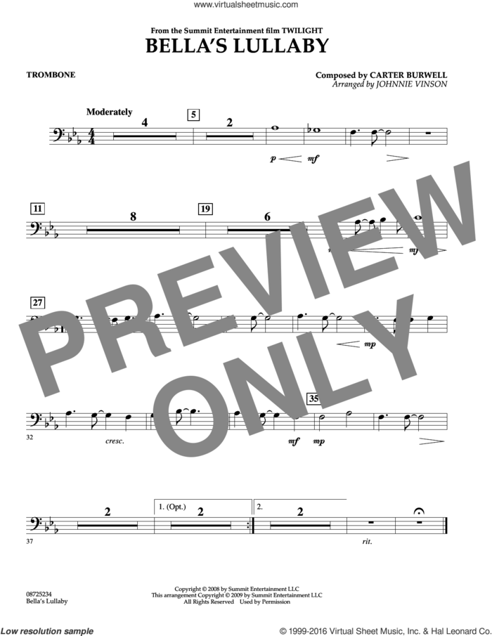 Bella's Lullaby (from Twilight) sheet music for concert band (trombone) by Carter Burwell and Johnnie Vinson, intermediate skill level