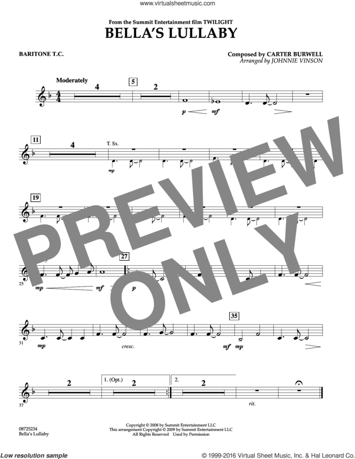 Bella's Lullaby (from Twilight) sheet music for concert band (baritone t.c.) by Carter Burwell and Johnnie Vinson, intermediate skill level