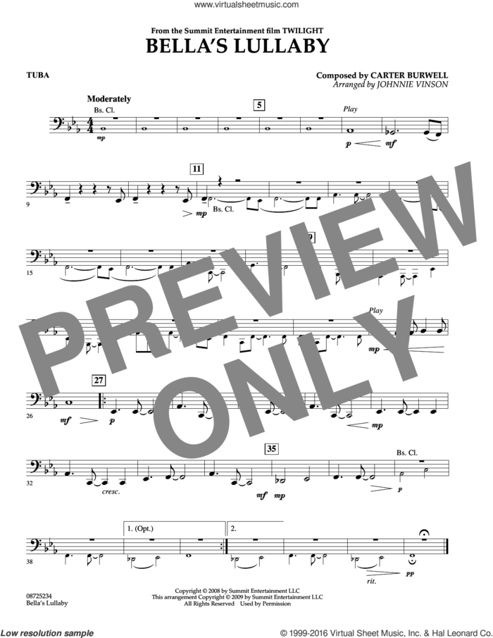 Bella's Lullaby (from Twilight) sheet music for concert band (tuba) by Carter Burwell and Johnnie Vinson, intermediate skill level