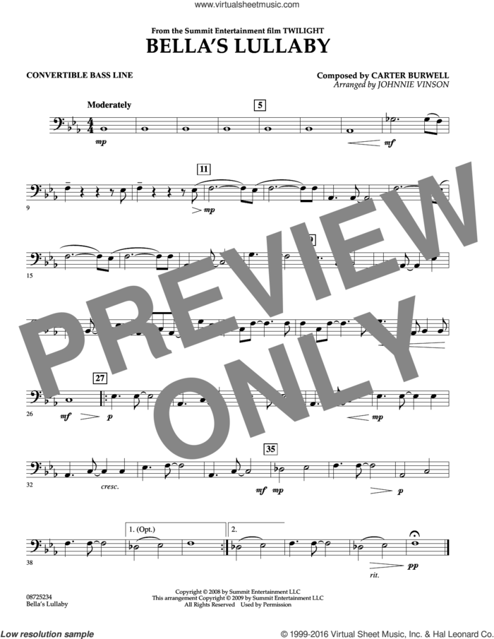 Bella's Lullaby (from Twilight) sheet music for concert band (convertible bass line) by Carter Burwell and Johnnie Vinson, intermediate skill level