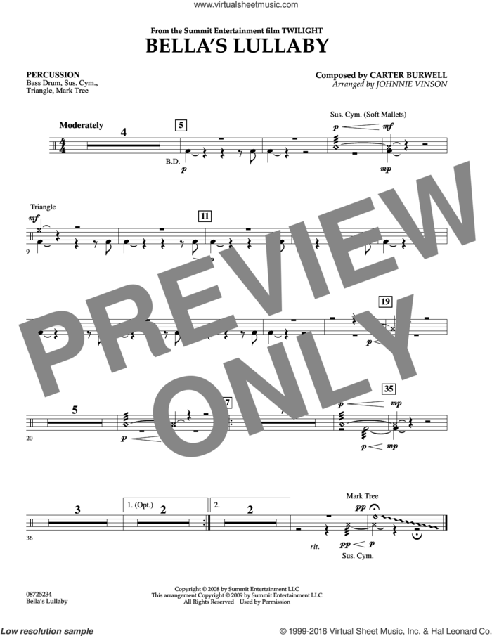 Bella's Lullaby (from Twilight) sheet music for concert band (percussion) by Carter Burwell and Johnnie Vinson, intermediate skill level