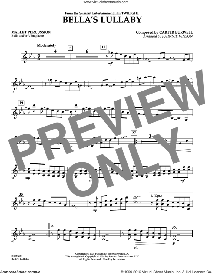 Bella's Lullaby (from Twilight) sheet music for concert band (mallet percussion) by Carter Burwell and Johnnie Vinson, intermediate skill level