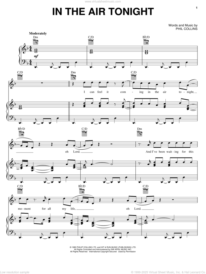 In The Air Tonight sheet music for voice, piano or guitar by Phil Collins, intermediate skill level