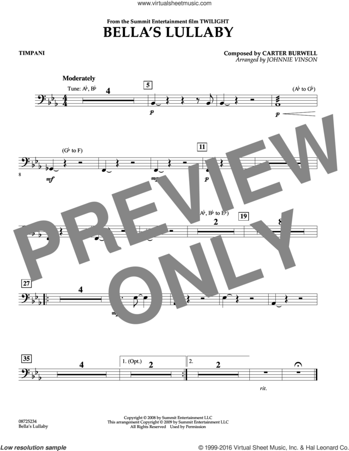 Bella's Lullaby (from Twilight) sheet music for concert band (timpani) by Carter Burwell and Johnnie Vinson, intermediate skill level