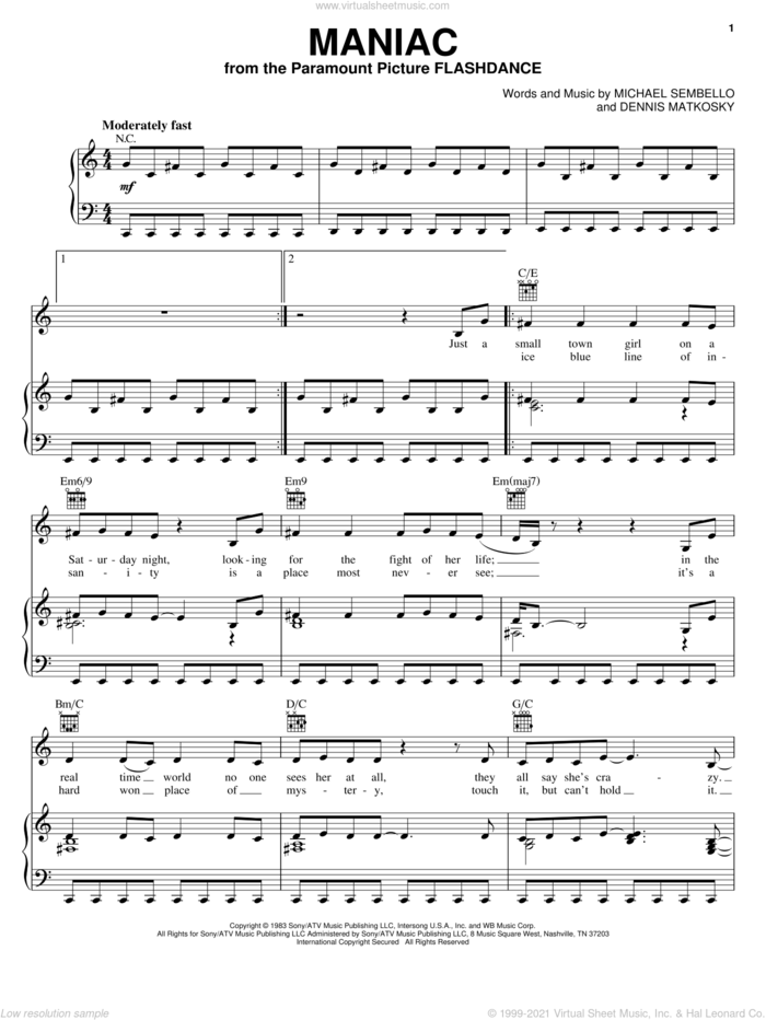 Maniac sheet music for voice, piano or guitar by Michael Sembello and Dennis Matkosky, intermediate skill level