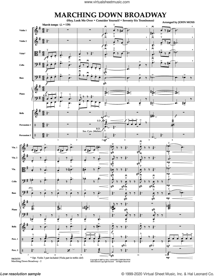 Marching Down Broadway (COMPLETE) sheet music for orchestra by John Moss, intermediate skill level