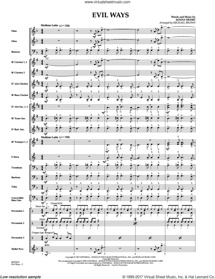 Evil Ways (COMPLETE) sheet music for concert band by Michael Brown, Carlos Santana and Sonny Henry, intermediate skill level