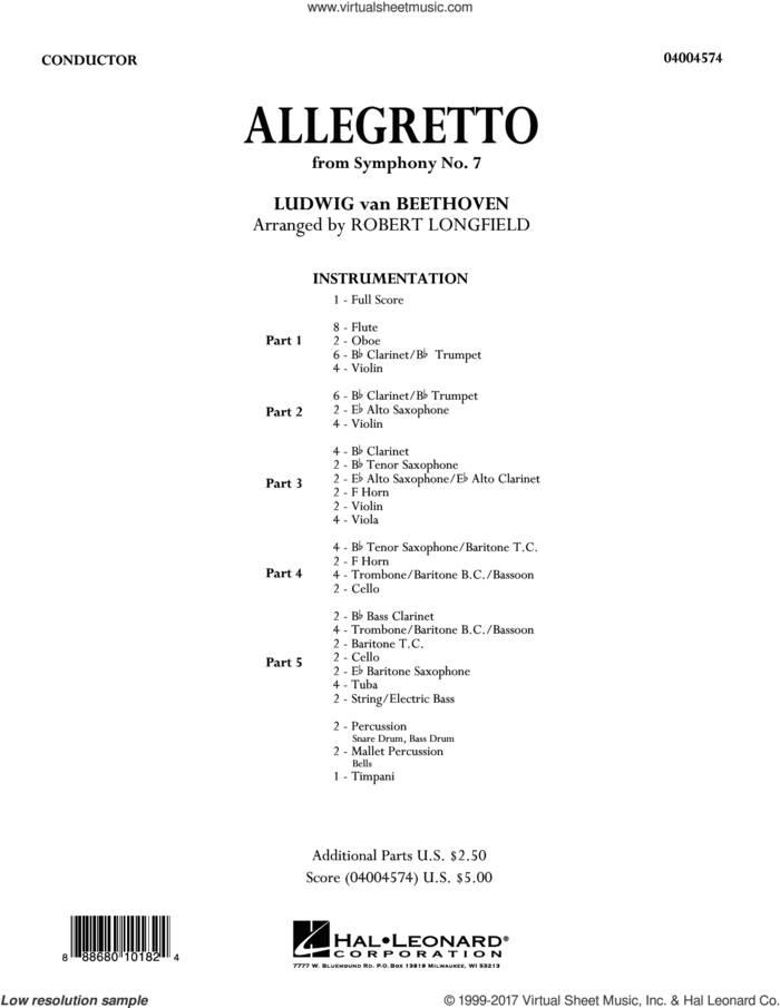Allegretto (from Symphony No. 7) (COMPLETE) sheet music for concert band by Ludwig van Beethoven and Robert Longfield, classical score, intermediate skill level