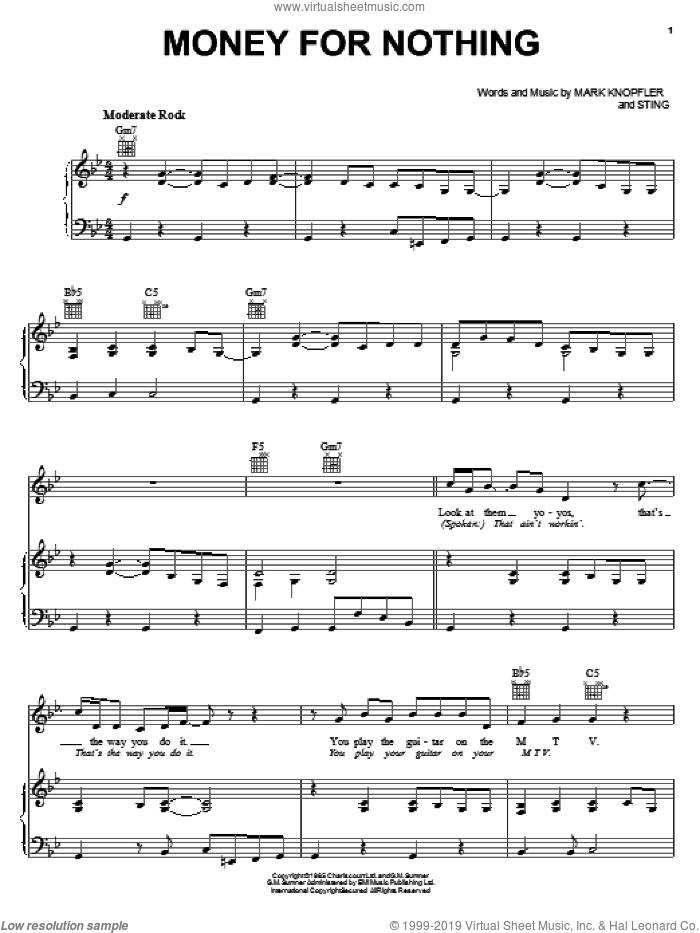 Money For Nothing sheet music for voice, piano or guitar by Dire Straits, Mark Knopfler and Sting, intermediate skill level