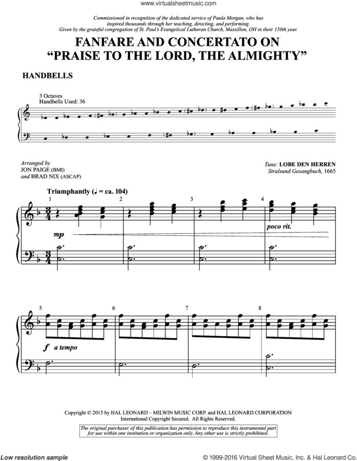 Fanfare and Concertato on 'Praise to the Lord, the Almighty' sheet music for orchestra/band (handbells) by Catherine Winkworth, Brad Nix, Jon Paige, Erneuerten Gesangbuch and Joachim Neander, intermediate skill level