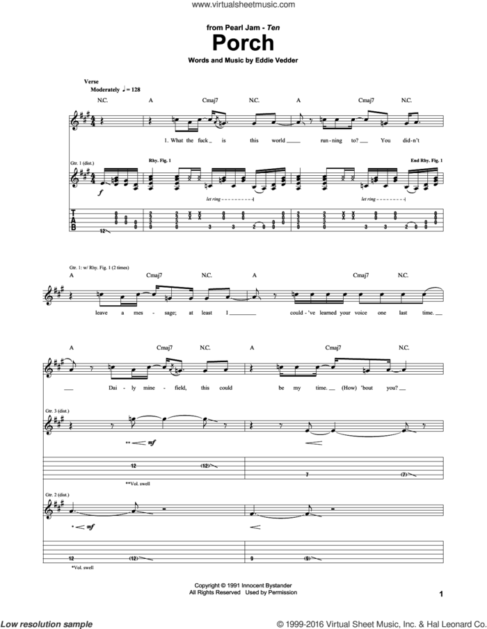Porch sheet music for guitar (tablature) by Pearl Jam and Eddie Vedder, intermediate skill level