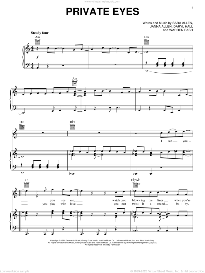 Private Eyes sheet music for voice, piano or guitar by Daryl Hall, Hall and Oates, Janna Allen, Sara Allen and Warren Pash, intermediate skill level