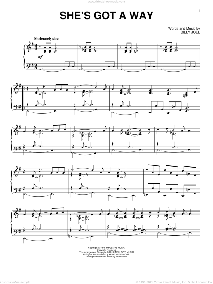 She's Got A Way [Jazz version] sheet music for piano solo by Billy Joel, intermediate skill level