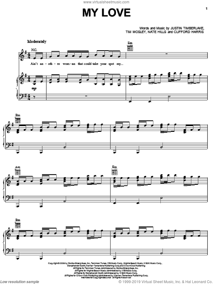 My Love sheet music for voice, piano or guitar by Justin Timberlake featuring T.I., Clifford Harris, Justin Timberlake, Nate Hills and Tim Mosley, intermediate skill level