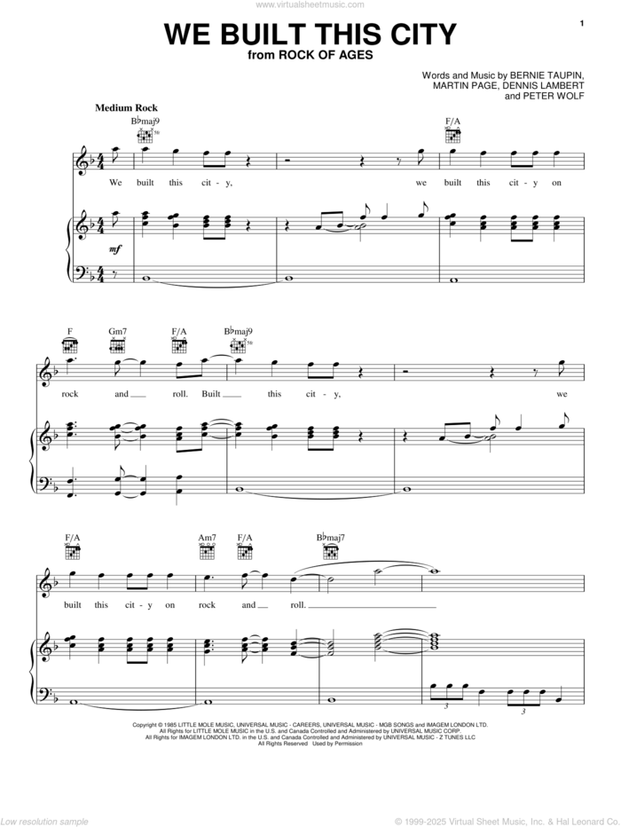 We Built This City sheet music for voice, piano or guitar by Starship, Rock Of Ages (Musical), Bernie Taupin, Dennis Lambert, Martin George Page and Peter Wolf, intermediate skill level