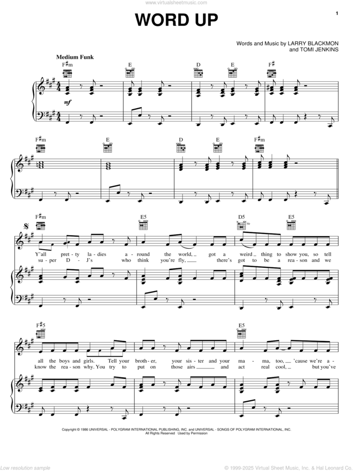 Word Up sheet music for voice, piano or guitar by Cameo, Larry Blackmon and Tomi Jenkins, intermediate skill level